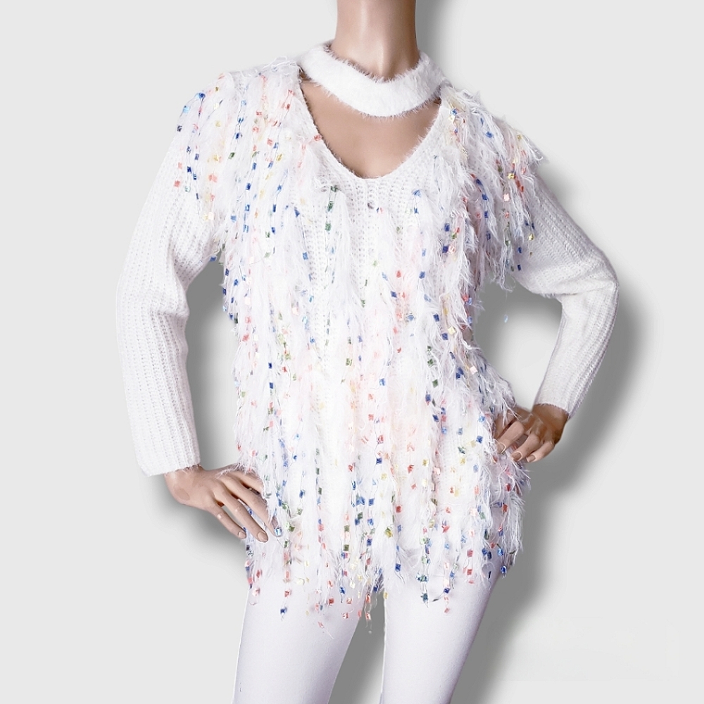 Her..Bottari White Fuzzy Fringe Choker Knit Sweater